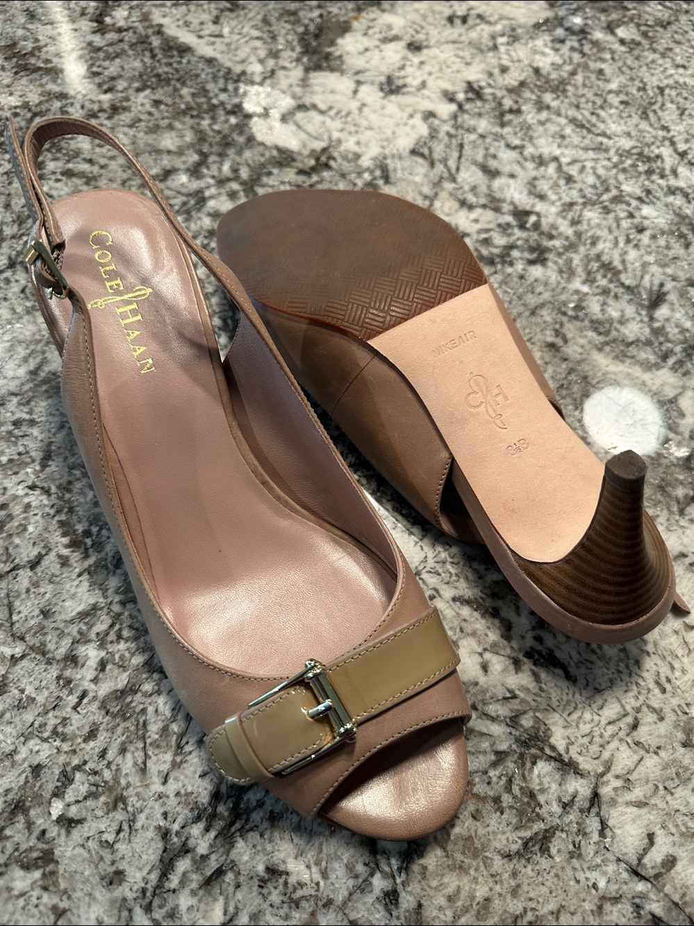 Cole Haan Nike Air Camel Leather Patent Slingback Peep-Toe Heels Gold Buckle